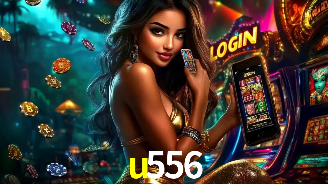 Mulher em um cenário de cassino temático de aventura, mostrando o app de caça-níqueis da u556 no celular. Fichas de apostas flutuam ao redor.