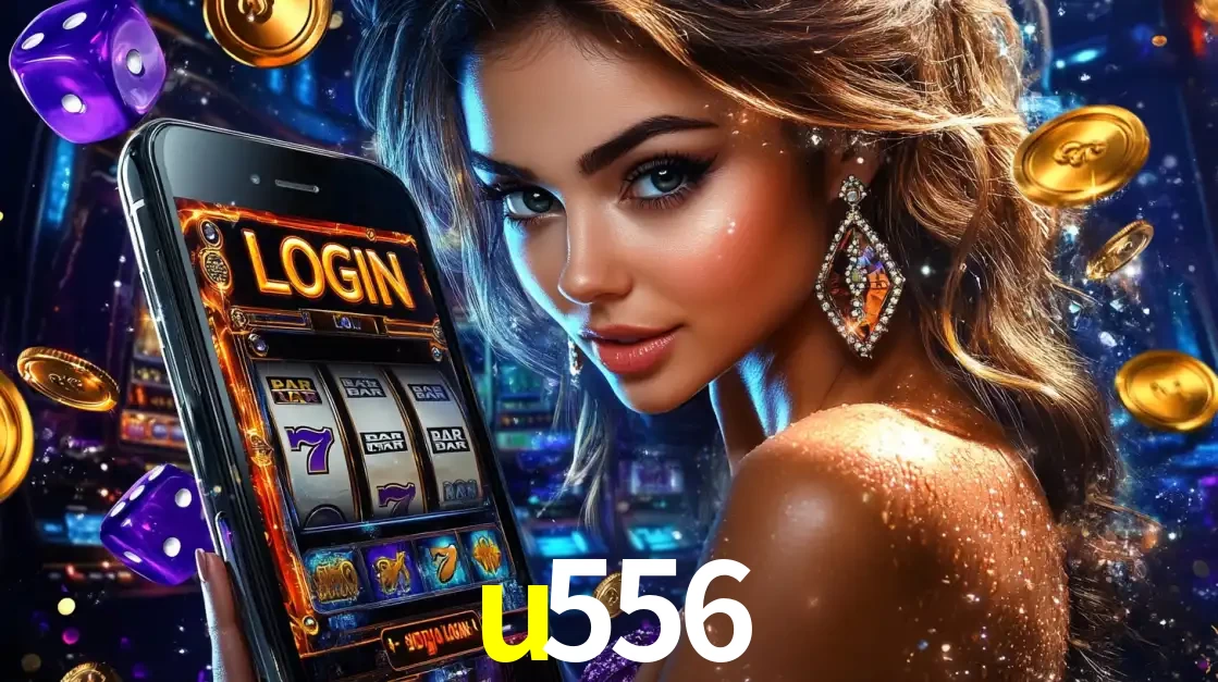 Mulher glamorosa segurando um smartphone com a tela de login para os jogos de caça-níqueis do cassino online u556, com moedas de ouro e dados ao redor.